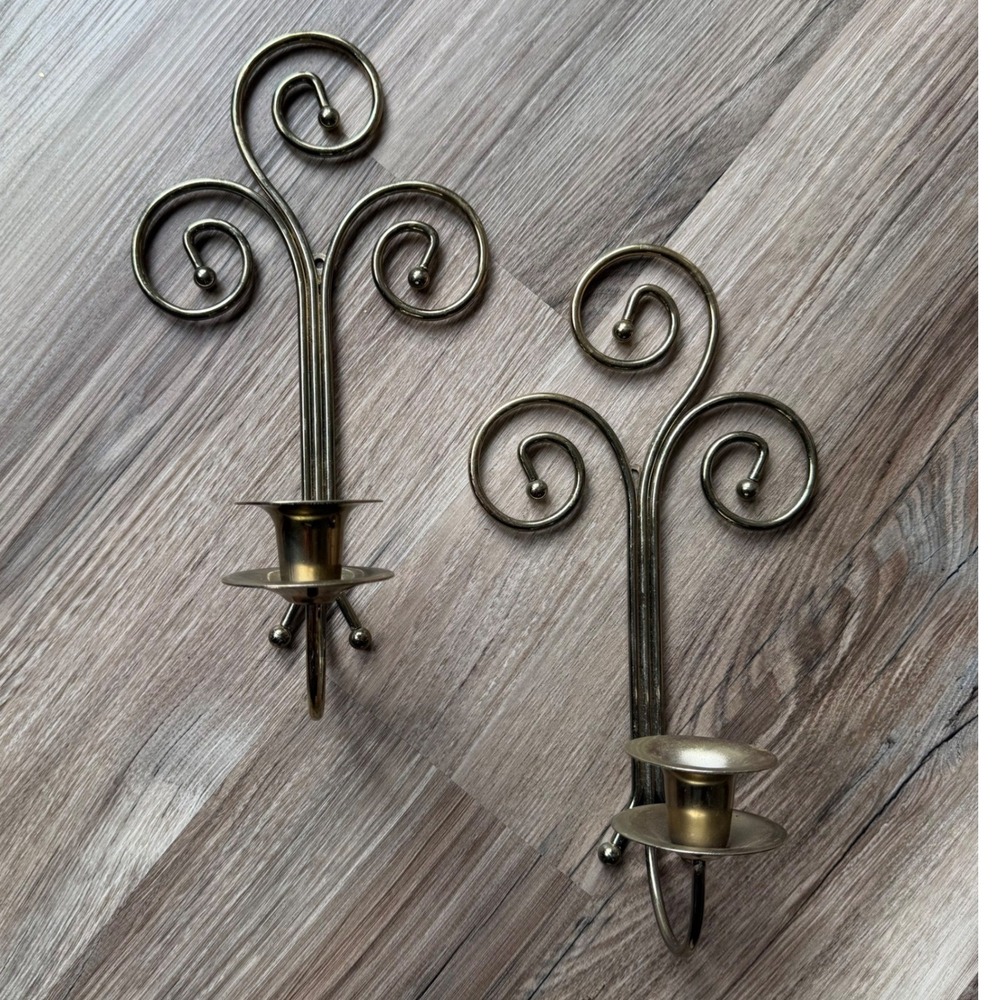 Vintage Brass Wall Sconce Pair Scrolled Fleur De Lis Taper Candle Holders Set 2